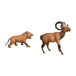 Vintage Ram And Lion Figurines Brown Faux Leather Animal‎ Statues Rustic Decor